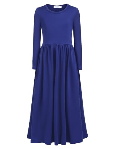 Arshiner Mädchen Maxikleid Langarm Kinder Einfarbig Baumwollkleid Maxilangkleid Herbst Schuleinführungskleid Basic Winterkleid Blau Freizeitkleid mit Taschen 130/8-9Jahre von Arshiner