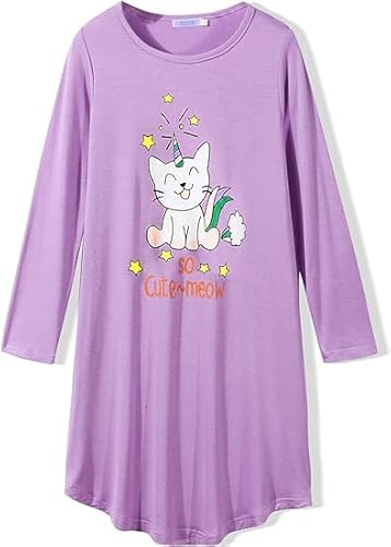 Arshiner Mädchen Nachthemd Langarm Kinder Nachtkleid mit Niedlichen Prints Schlafanzug Kleid Nightdress für Mädchen 11-12 Jahre von Arshiner