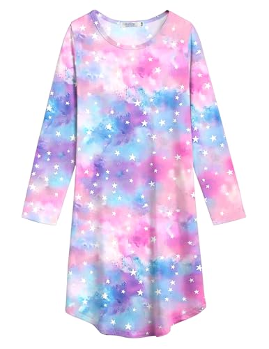 Arshiner Mädchen Nachthemd Langarm Kinder Nachtkleid mit Niedlichen Prints Schlafanzug Kleid Nightdress für Mädchen 7-8 Jahre von Arshiner