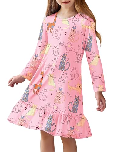 Arshiner Mädchen Nachthemd Rosa Katze Schlafanzug Langarm Nachtkleid Kinder Rundhals Schlafkleid A-Linie Nightdress Herbst Winter Nachtwäsche 110/4-5 Jahre von Arshiner