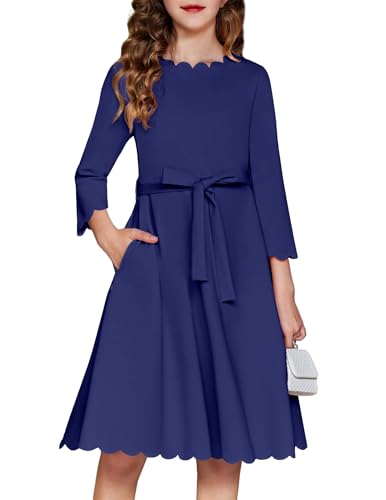Arshiner Mädchen Partykleid Herbstkleid Scallop Trim Belted A-Line Formal Festliches Midi Kleider mit Taschen Marineblau 130 von Arshiner