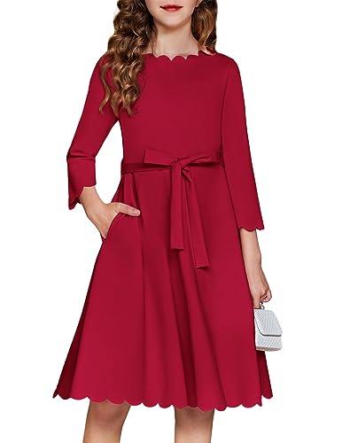 Arshiner Mädchen Partykleid Herbstkleid Scallop Trim Belted A-Line Formal Festliches Midi Kleider mit Taschen Weinrot 120 von Arshiner