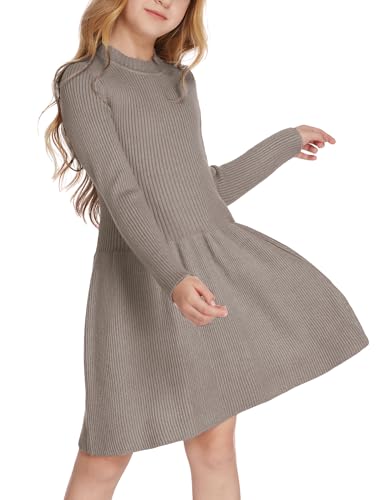 Arshiner Mädchen Pullover Kleid Herbst Winter Kleid Langarm Kinder Strickkleid Flare Skater Kleid A-Linie Einfarbig Basic Freizeitkleid Schokolade 160 von Arshiner