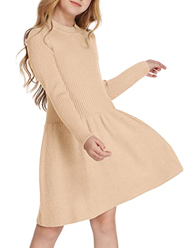 Arshiner Mädchen Pullover Kleid Herbst Winter Kleid Langarm Strickkleid Flare Skater Kleid A-Linie Einfarbig Basic Kinder Freizeitkleid Aprikose 140 von Arshiner