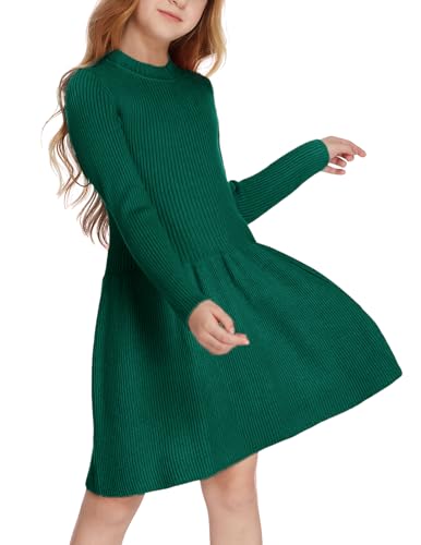 Arshiner Mädchen Pullover Kleid Herbst Winter Kleid Langarm Strickkleid Flare Skater Kleid A-Linie Einfarbig Basic Kinder Freizeitkleid Grün 150 von Arshiner