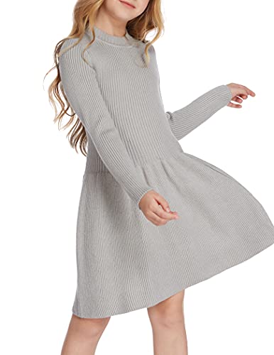 Arshiner Mädchen Pullover Kleid Herbst Winter Kleid Langarm Strickkleid Flare Skater Kleid A-Linie Einfarbig Basic Kinder Freizeitkleid Hellgrau 150 von Arshiner