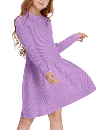 Arshiner Mädchen Pullover Kleid Herbst Winter Kleid Langarm Strickkleid Flare Skater Kleid A-Linie Einfarbig Basic Kinder Freizeitkleid Lila 140 von Arshiner
