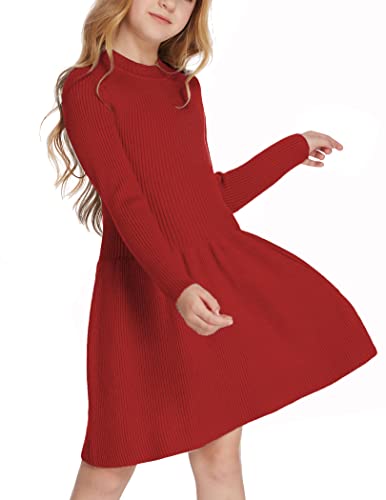 Arshiner Mädchen Pullover Kleid Herbst Winter Kleid Langarm Strickkleid Weihnachtskleid Flare Skater Kleid A-Linie Einfarbig Basic Kinder Freizeitkleid Rot 120 von Arshiner