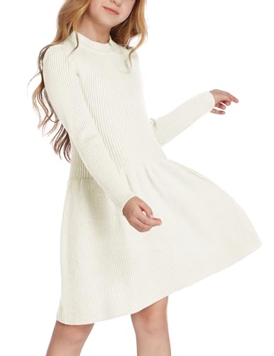 Arshiner Mädchen Pullover Kleid Herbst Winter Kleid Langarm Strickkleid Flare Skater Kleid A-Linie Einfarbig Basic Kinder Freizeitkleid Weiß 140 von Arshiner