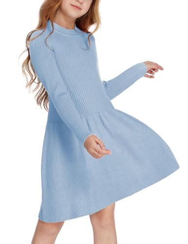 Arshiner Mädchen Pullover Kleid Herbst Winter Kleid Langarm Strickkleid Weihnachtskleid Flare Skater Kleid A-Linie Einfarbig Basic Kinder Freizeitkleid Blau 140 von Arshiner