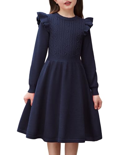 Arshiner Mädchen Pullover Kleid Strickkleid Herbst Winter Flatter Langarm Kleid A-Linie Einfarbig Festliches Kinder Freizeitkleid Blau 12 von Arshiner