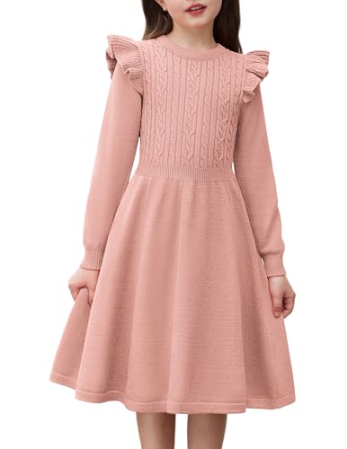Arshiner Mädchen Pullover Kleid Strickkleid Herbst Winter Flatter Langarm Kleid A-Linie Einfarbig Festliches Kinder Freizeitkleid Rosa 8/7-8 Jahre von Arshiner