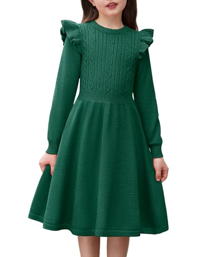 Arshiner Mädchen Pullover Kleid Strickkleid Kinder Herbstkleid Winterkleid Flatter Langarm Kleid A-Linie Einfarbig Festliches Weihnachtskleid Partykleid Freizeitkleid Grün 8/7-8 Jahre von Arshiner