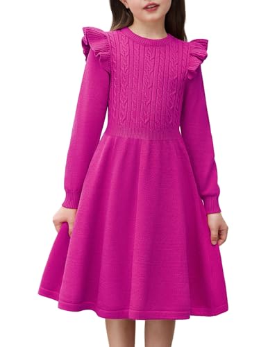 Arshiner Mädchen Pullover Kleid Strickkleid Kinder Herbstkleid Winterkleid Flatter Langarm Kleid A-Linie Einfarbig Festliches Weihnachtskleid Partykleid Freizeitkleid Rosenrot 12/9-10 Jahre von Arshiner