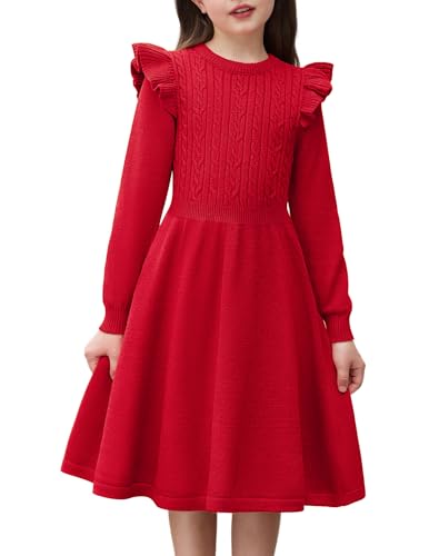 Arshiner Mädchen Pullover Kleid Strickkleid Kinder Herbstkleid Winterkleid Flatter Langarm Kleid A-Linie Einfarbig Festliches Weihnachtskleid Partykleid Freizeitkleid Rot 16/11-12 Jahre von Arshiner