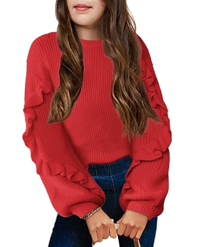 Arshiner Mädchen Pullover Laternenärmel Kinder Warm Strickpullover Lose Rundhals Winter Langarm Oberteile für Mädchen 11-12 Jahre Rot von Arshiner
