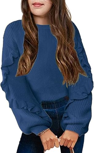Arshiner Mädchen Pullover Laternenärmel Kinder Warm Strickpullover Lose Rundhals Winter Langarm Oberteile für Mädchen 7-8 Jahre Marineblau von Arshiner