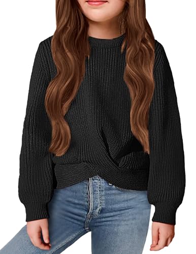 Arshiner Mädchen Pullover Mode Kinder Strickpullover Warm Rundhals Herbst Winter Freizeit Langarm Oberteile für Mädchen 10-11 Jahre Schwarz von Arshiner