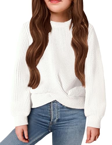 Arshiner Mädchen Pullover Mode Kinder Strickpullover Warm Rundhals Herbst Winter Freizeit Langarm Oberteile für Mädchen 10-11 Jahre Weiß von Arshiner