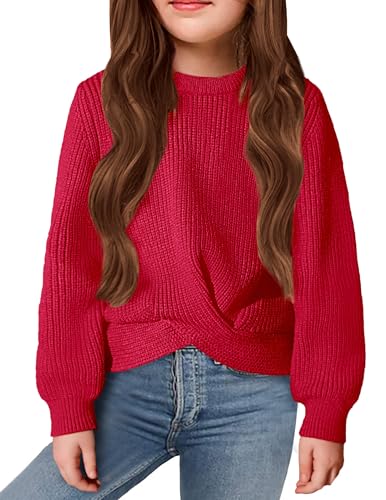 Arshiner Mädchen Pullover Mode Kinder Strickpullover Warm Rundhals Herbst Winter Freizeit Langarm Oberteile für Mädchen 7-8 Jahre Dunkelrot von Arshiner