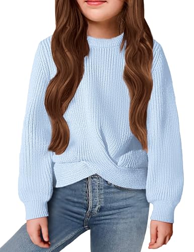 Arshiner Mädchen Pullover Mode Kinder Strickpullover Warm Rundhals Herbst Winter Freizeit Langarm Oberteile für Mädchen 9-10 Jahre Hellblau von Arshiner
