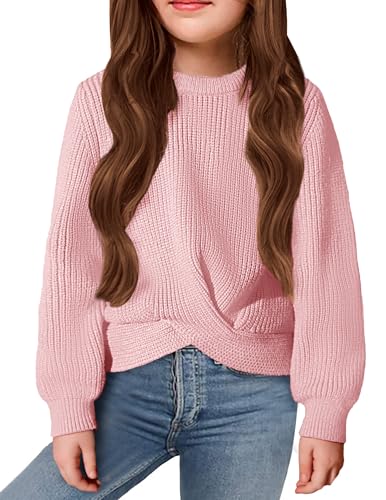 Arshiner Mädchen Pullover Mode Kinder Strickpullover Warm Rundhals Herbst Winter Freizeit Langarm Oberteile für Mädchen 9-10 Jahre Hellrosa von Arshiner
