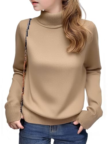 Arshiner Mädchen Pullover Rollkragen Kinder Winter Strickpullover Freizeit Einfarbiges Basic Langarmshirts für Mädchen 7-8 Jahre Khaki 130 von Arshiner