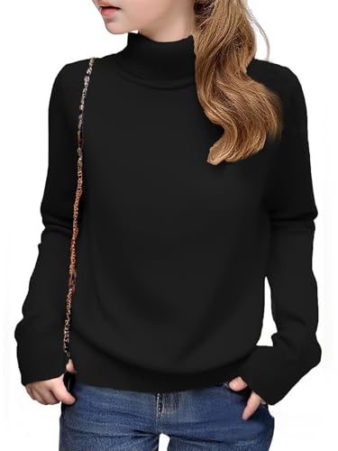 Arshiner Mädchen Pullover Rollkragen Kinder Winter Strickpullover Freizeit Einfarbiges Basic Langarmshirts für Mädchen 9-10 Jahre Schwarz 140 von Arshiner
