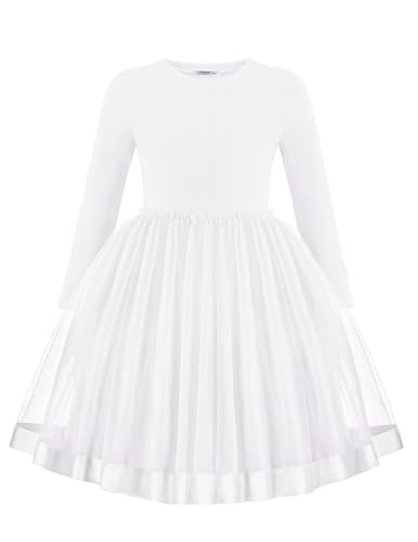 Arshiner Mädchen Pulloverkleid Tüll Kinder Festliches Kleider Herbst Winter Rundhals Langarmkleid A-Linie Freizeit Kleid für Mädchen 13-14 Jahre Weiß von Arshiner