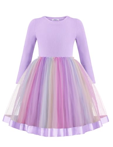 Arshiner Mädchen Pulloverkleid Tüll Kinder Festliches Kleider Herbst Winter Rundhals Langarmkleid A-Linie Freizeit Kleid für Mädchen 6-7 Jahre Farbverlauf von Arshiner