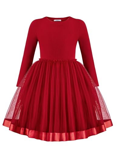 Arshiner Mädchen Pulloverkleid Tüll Kinder Festliches Kleider Herbst Winter Rundhals Langarmkleid A-Linie Freizeit Kleid für Mädchen 6-7 Jahre Rot von Arshiner