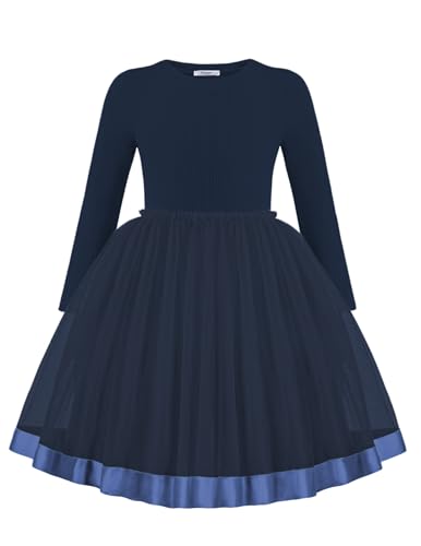 Arshiner Mädchen Pulloverkleid Tüll Kinder Festliches Kleider Herbst Winter Rundhals Langarmkleid A-Linie Freizeit Kleid für Mädchen 9-10 Jahre Marineblau von Arshiner
