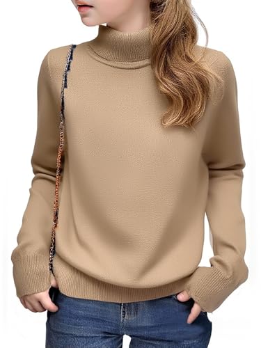 Arshiner Mädchen Pullover Rollkragen Kinder Winter Strickpullover Freizeit Einfarbiges Basic Langarmshirts für Mädchen 13-14 Jahre Khaki 160 von Arshiner