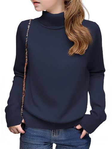Arshiner Mädchen Pullover Rollkragen Kinder Winter Strickpullover Freizeit Einfarbiges Basic Langarmshirts für Mädchen 9-10 Jahre Marineblau 140 von Arshiner