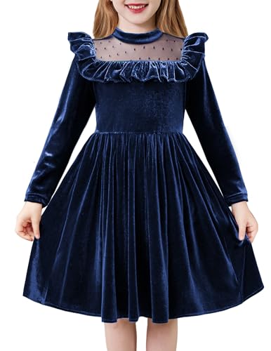 Arshiner Mädchen Samt Kleid Geraffte Lange Ärmel Casual Frühling Herbst Kleid Prinzessin Weihnachten Party Kleid Winter Kleidung Navy Blau 100 3-4 Jahre von Arshiner