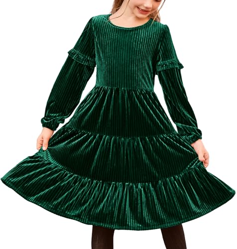 Arshiner Mädchen Samt Kleid Grün Weihnachtskleid Rüschen Langarm Kleid Partykleid Vintage A-Linie Kleid Elegant Kinderkleid mit Tasche,Gr 11-12Jahre von Arshiner