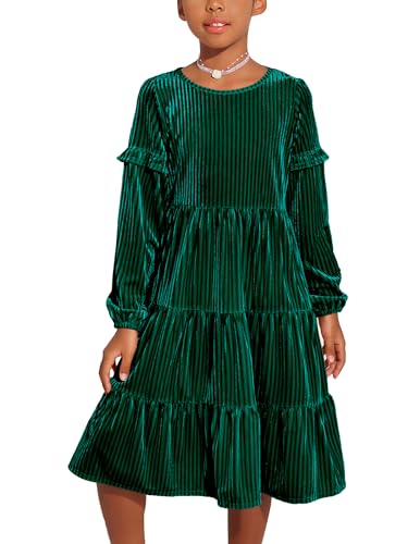 Arshiner Mädchen Samt Kleid Grün Weihnachtskleid Rüschen Langarm Kleid Partykleid Vintage A-Linie Kleid Elegant Kinderkleid mit Tasche,Gr 6-7Jahre von Arshiner