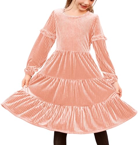 Arshiner Mädchen Samt Kleid Langarm Prinzessin Partykleid Rosa Rundhals A-Linie Kleid Rüschen Kinderkleid Herbst Winter Festlichkleid mit Tasche, Gr 10-11Jahre von Arshiner