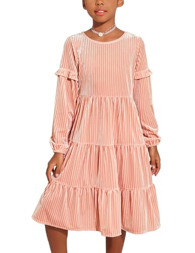 Arshiner Mädchen Samt Kleid Langarm Prinzessin Partykleid Rosa Rundhals A-Linie Kleid Rüschen Kinderkleid Herbst Winter Festlichkleid mit Tasche, Gr 12-13Jahre von Arshiner