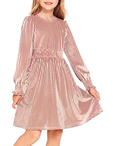 Arshiner Mädchen Samt Kleid Langarmkleid Kinder Freizeitkleid Einfarbig Herbst Winter Partykleid Prinzessin Geburtstagskleid Rosa Vintage Weihnachtskleid 10-11 Jahre von Arshiner