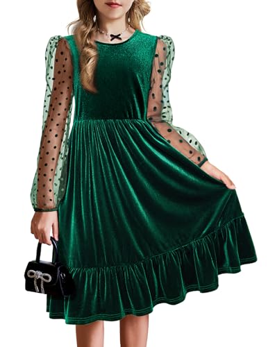 Arshiner Mädchen Samt Kleid Lange Mesh Ärmel Kinderkleid A Line Freizeitkleid Einfarbig Festlicheskleid Kinder Weihnachtskleid Herbstkleid mit Tasche Partykleid Grün 140/10-11 Jahre von Arshiner