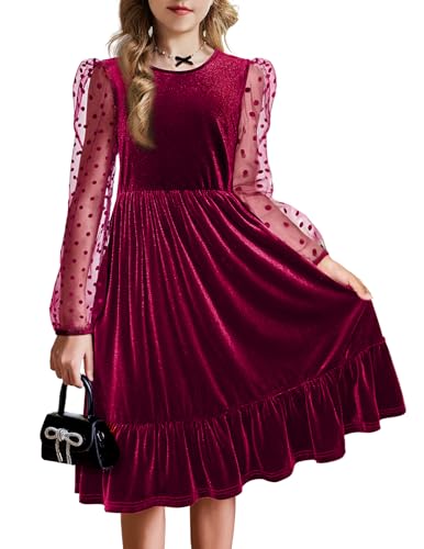 Arshiner Mädchen Samt Kleid Rot Langarm Kinderkleid A Line Swingkleid Festlicheskleid Rüschen Winterkleid Rundhal Kinder Partykleid Einfarbig Geburtstagkleid mit Tasche 160/12-13 Jahre von Arshiner