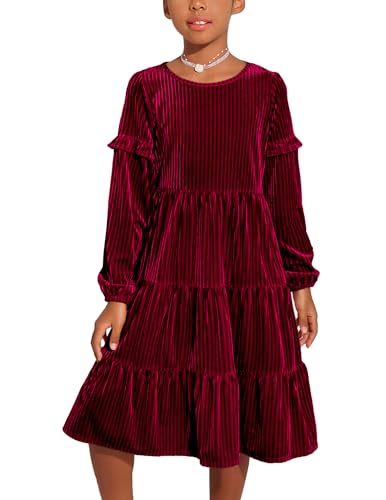 Arshiner Mädchen Samt Kleid Weihnachtskleid Rot Langarm Kleid Partykleid A-Linie Winterkleid Rundhals Herbstkleid Rüschen Prinzessin Kinderkleid mit Tasche,Gr 12-13Jahre von Arshiner