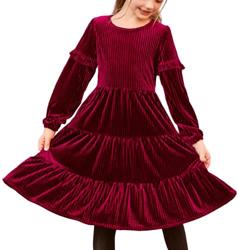 Arshiner Mädchen Samt Kleid Weihnachtskleid Rot Langarm Kleid Partykleid A-Linie Winterkleid Rundhals Herbstkleid Rüschen Prinzessin Kinderkleid mit Tasche,Gr 12-13Jahre von Arshiner