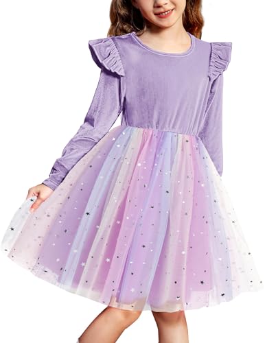 Arshiner Mädchen Samt Kleider Kleinkind Festkleider Herbst Winter Tüllkleid Hochzeit Partykleid Schuleinführung Kinderkleid Abendkleid Rosa Geburtstagskleid mit Pailletten 6-7 Jahre von Arshiner