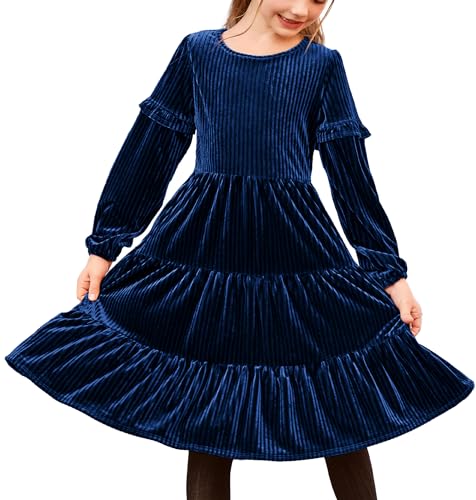 Arshiner Mädchen Samtkleid Elagant Blau Kinderkleid Langarm Partykleid Rundhals Ausschnitt Winterkleid Freizeitkleid Prinzessin Herbstkleid mit Tasche,Gr 10-11Jahre von Arshiner