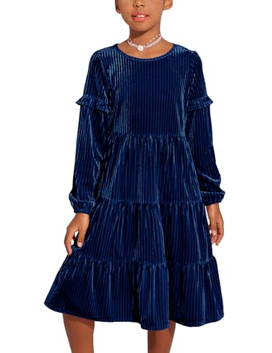 Arshiner Mädchen Samtkleid Elagant Blau Kinderkleid Langarm Partykleid Rundhals Ausschnitt Winterkleid Freizeitkleid Prinzessin Herbstkleid mit Tasche,Gr 6-7Jahre von Arshiner