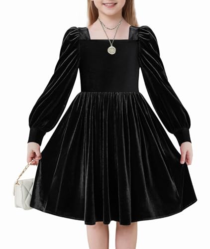 Arshiner Mädchen Samtkleid Winter Elegant Festliches Kleider mit Quadratischer Kragen Laternenärmel Freizeit Langarm Kleid für Kinder 10-11 Jahre Schwarz von Arshiner