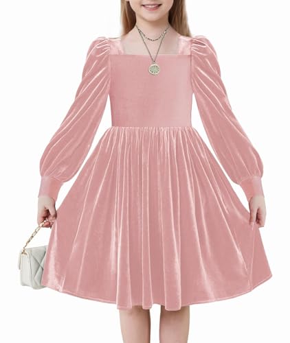 Arshiner Mädchen Samtkleid Winter Elegant Festliches Kleider mit Quadratischer Kragen Laternenärmel Freizeit Langarm Kleid für Kinder 12-13 Jahre Pink von Arshiner