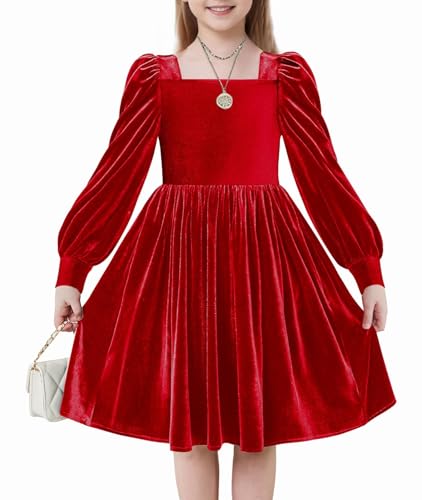 Arshiner Mädchen Samtkleid Winter Elegant Festliches Kleider mit Quadratischer Kragen Laternenärmel Freizeit Langarm Kleid für Kinder 12-13 Jahre Rot von Arshiner